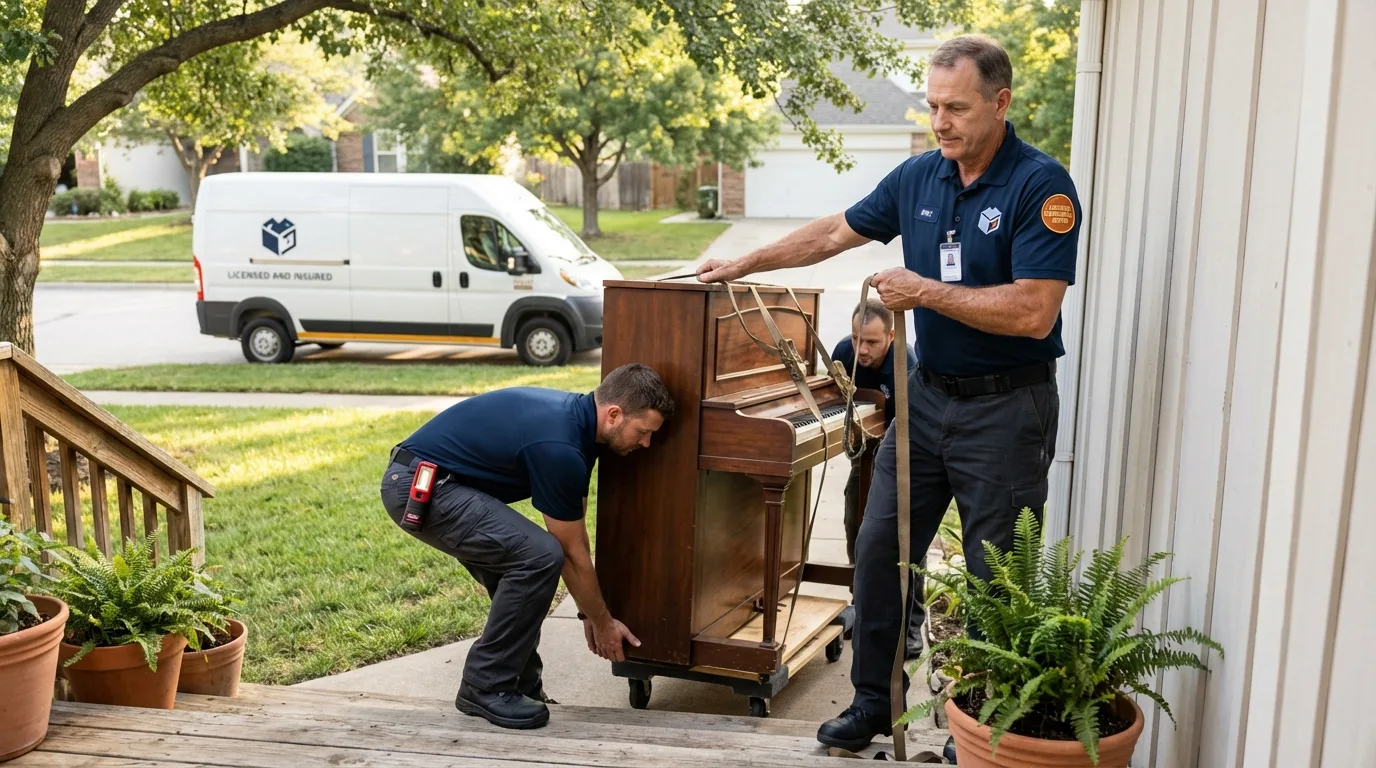 Licensed piano movers securing grand piano in Grimes, IA