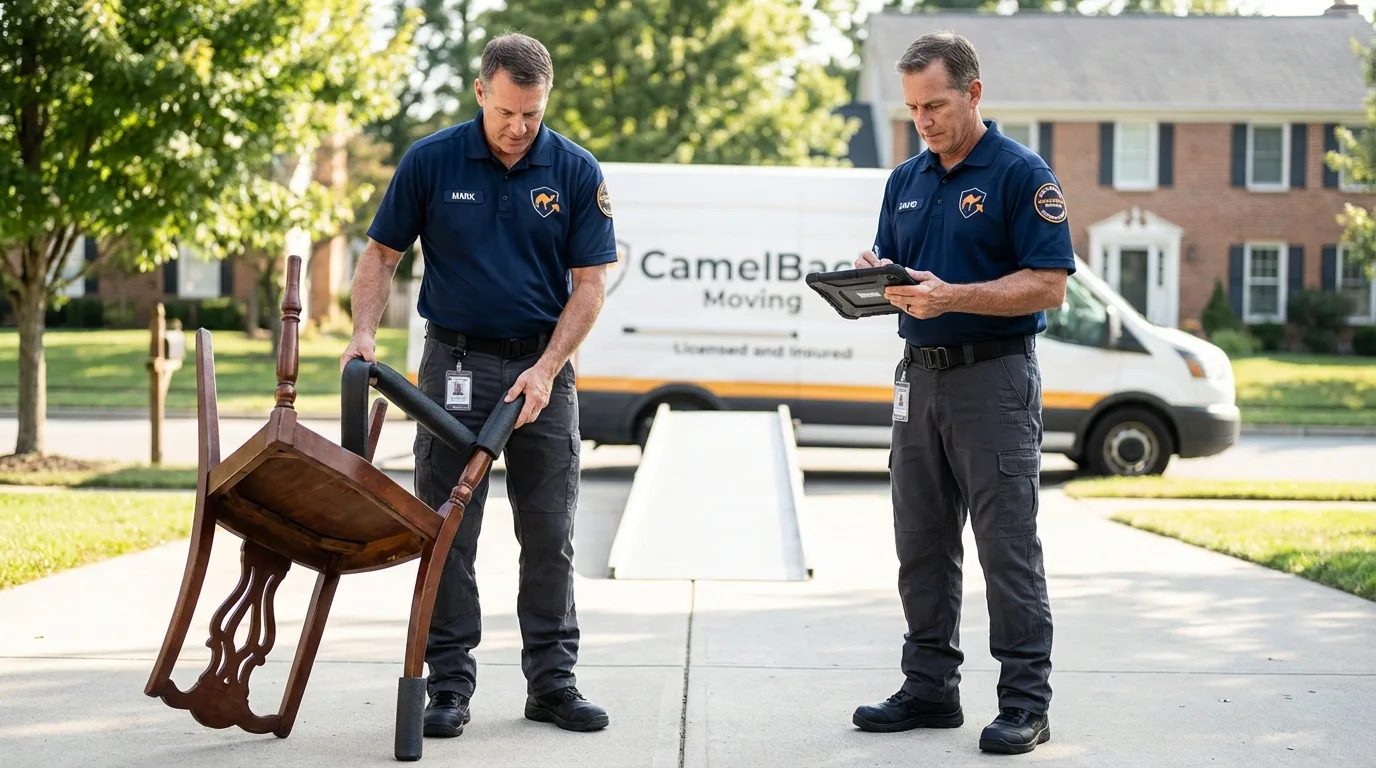 Movers inspecting furniture for damage prevention before loading in Grimes, IA