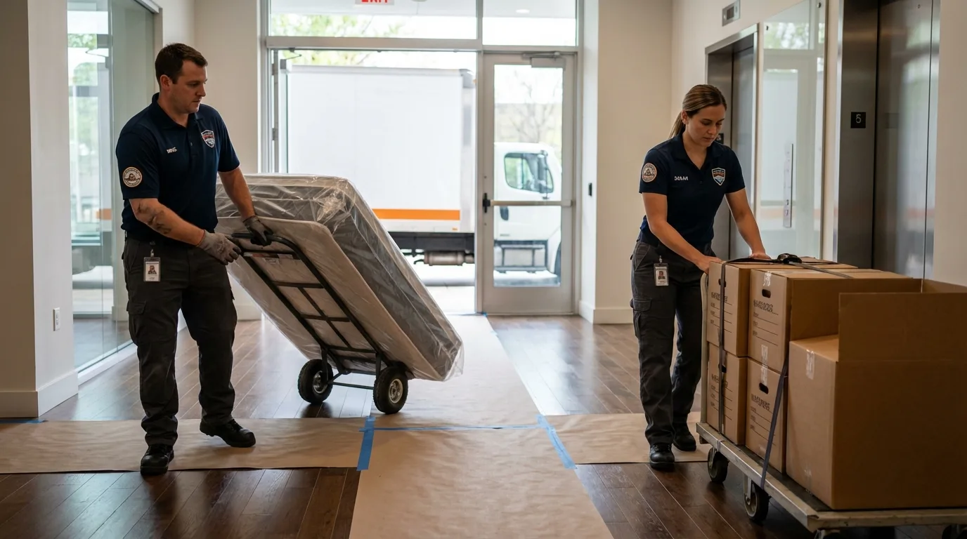 Professional apartment movers loading elevator in Grimes, IA