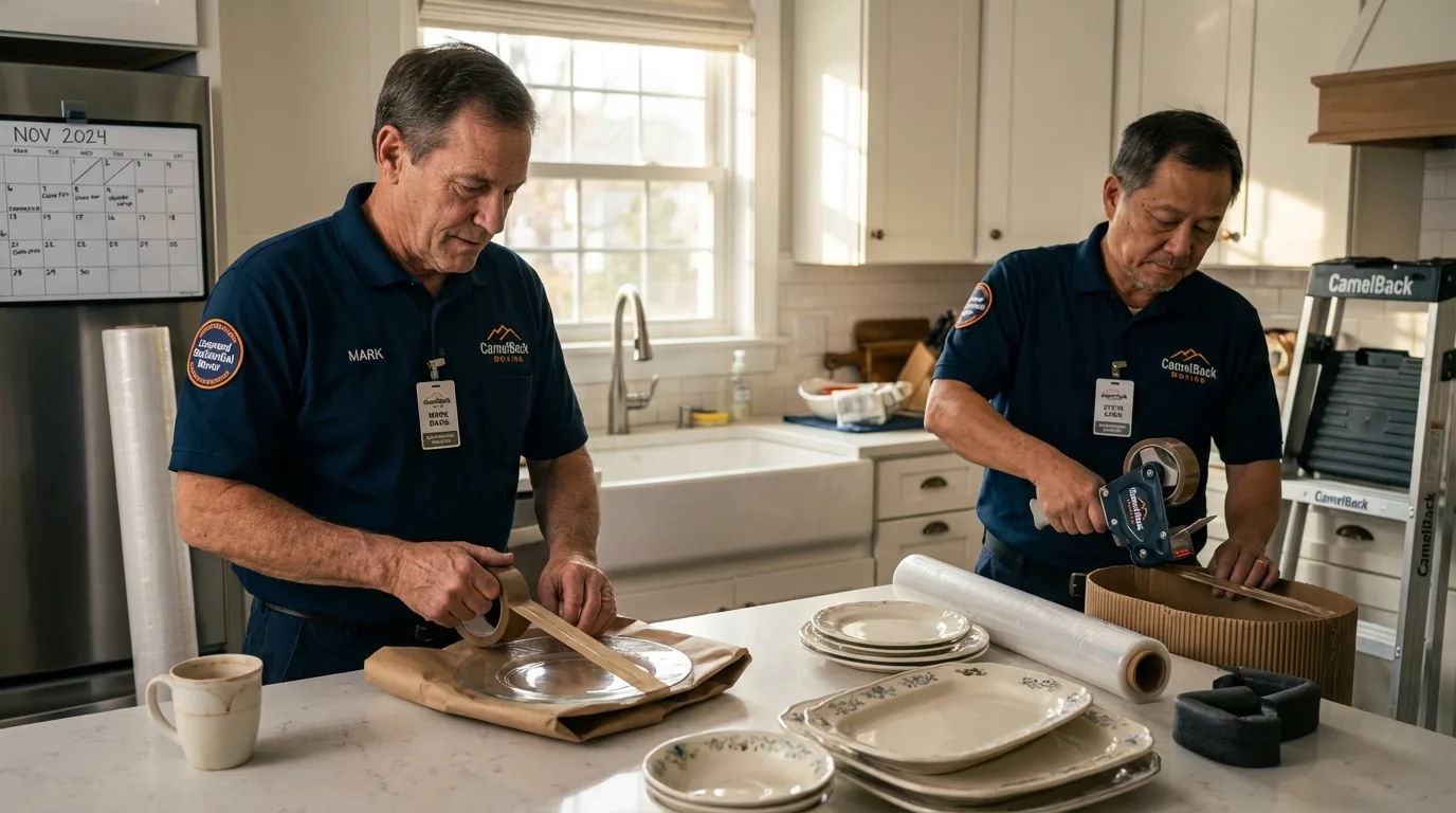 Professional crew packing kitchen dishware in Grimes, IA